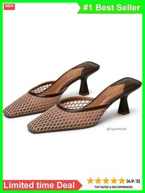 Mesh Kitten Heel Mules Square Toe Slip On Slides